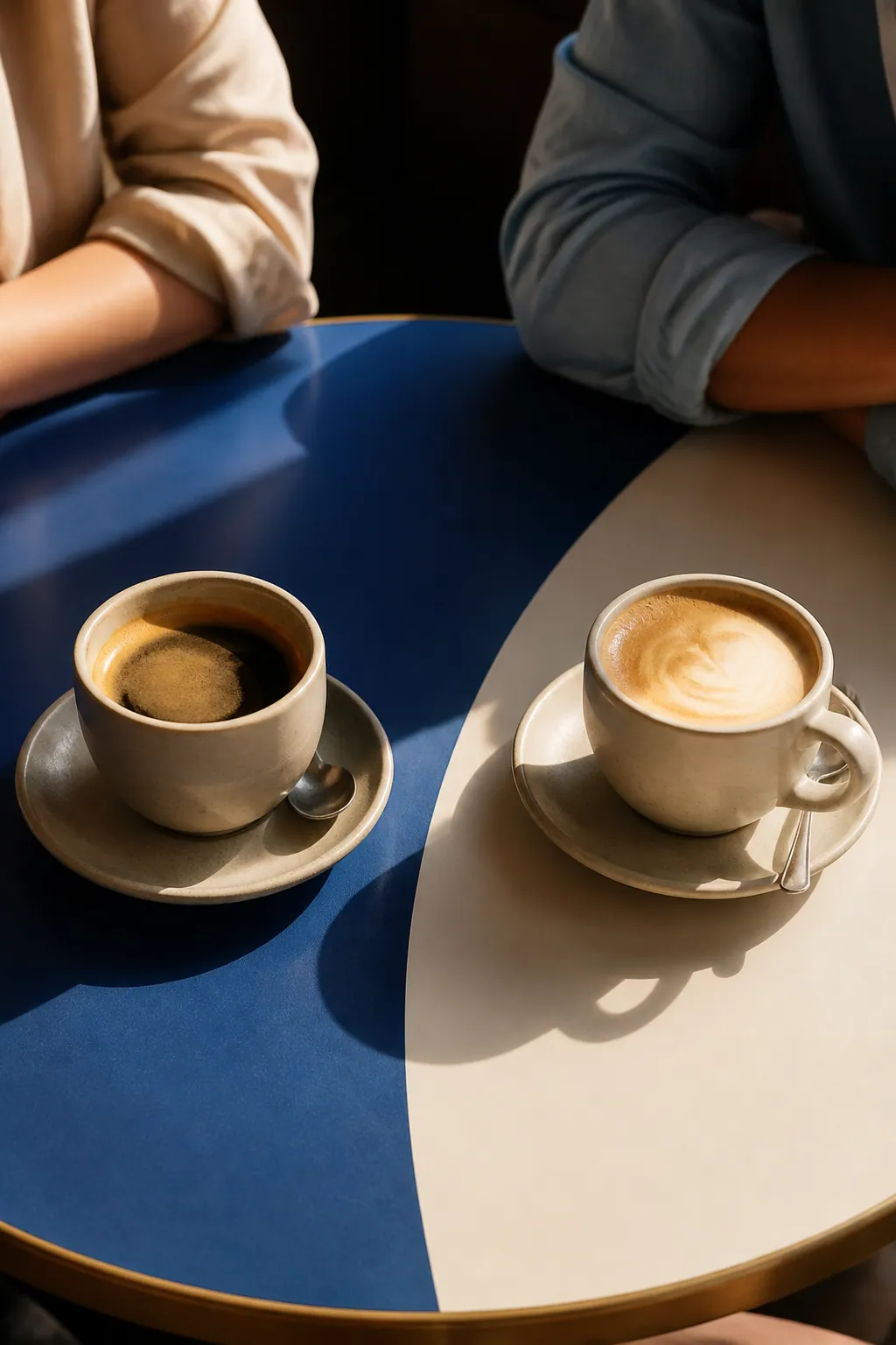 Deux tasses de café posées face à face sur une table colorée