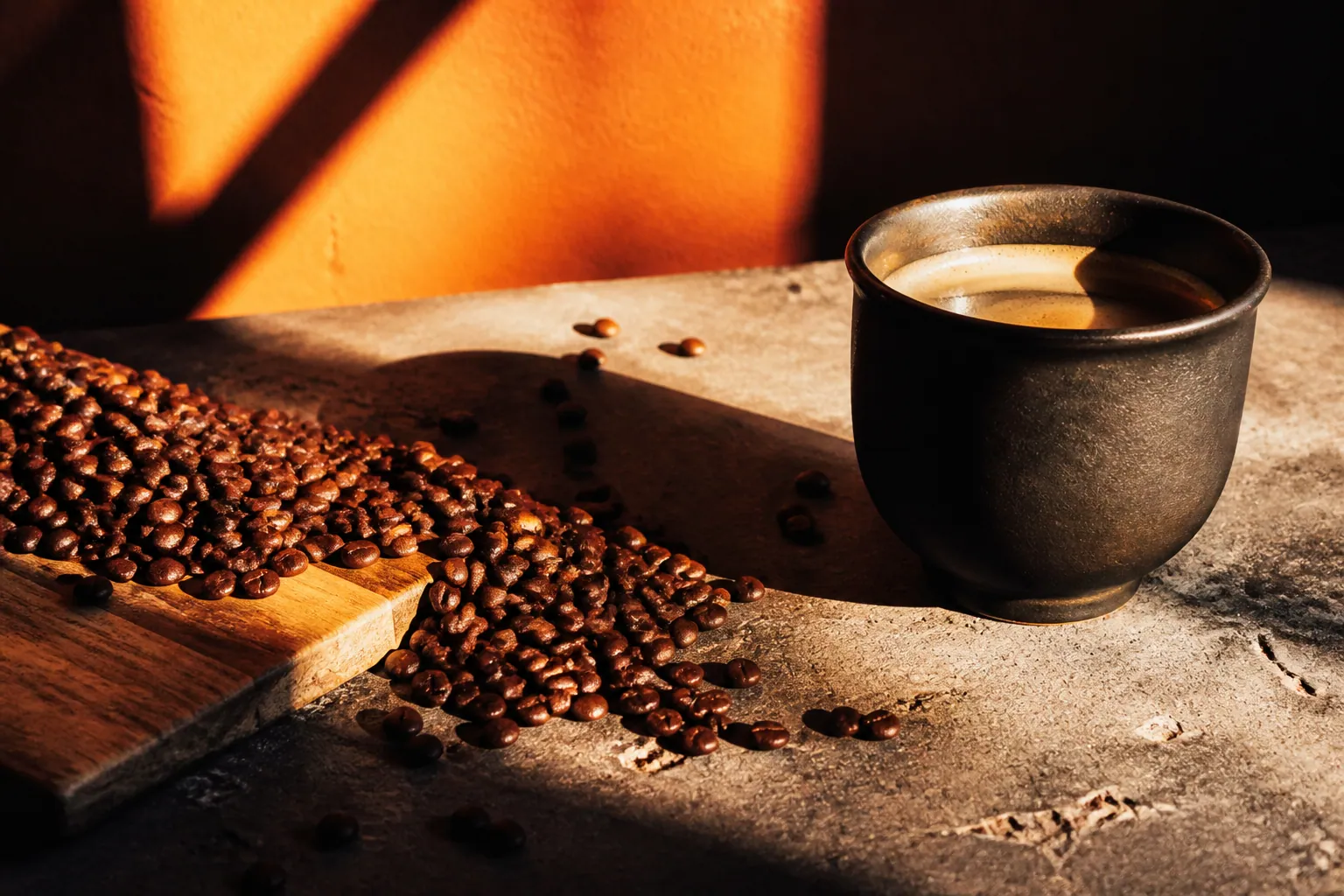 Grains de café et tasse sombre sur une table aux couleurs chaudes