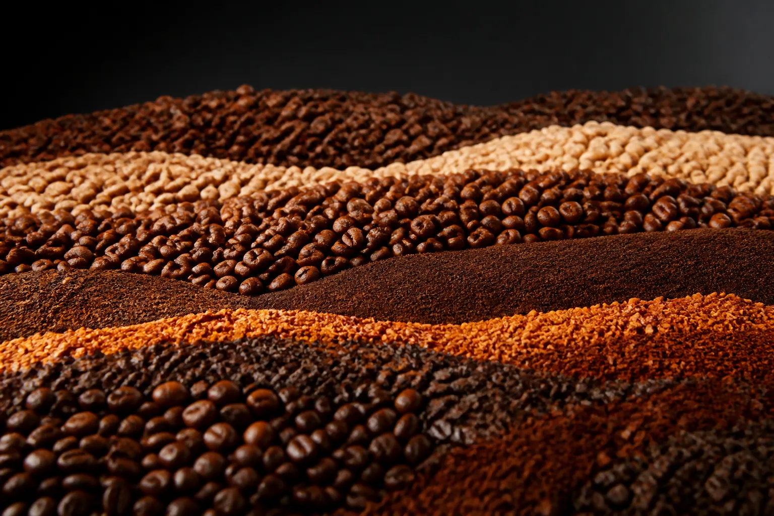 Couches de grains de café présentant différentes teintes de torréfaction