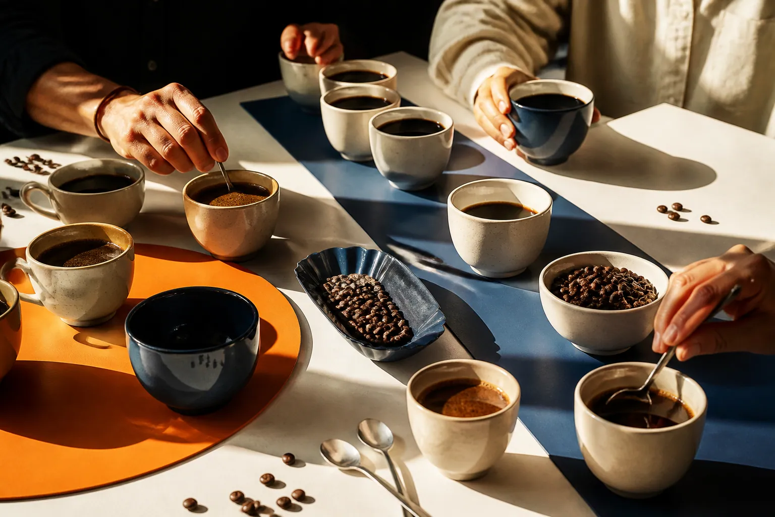 Table de dégustation avec tasses et grains de café