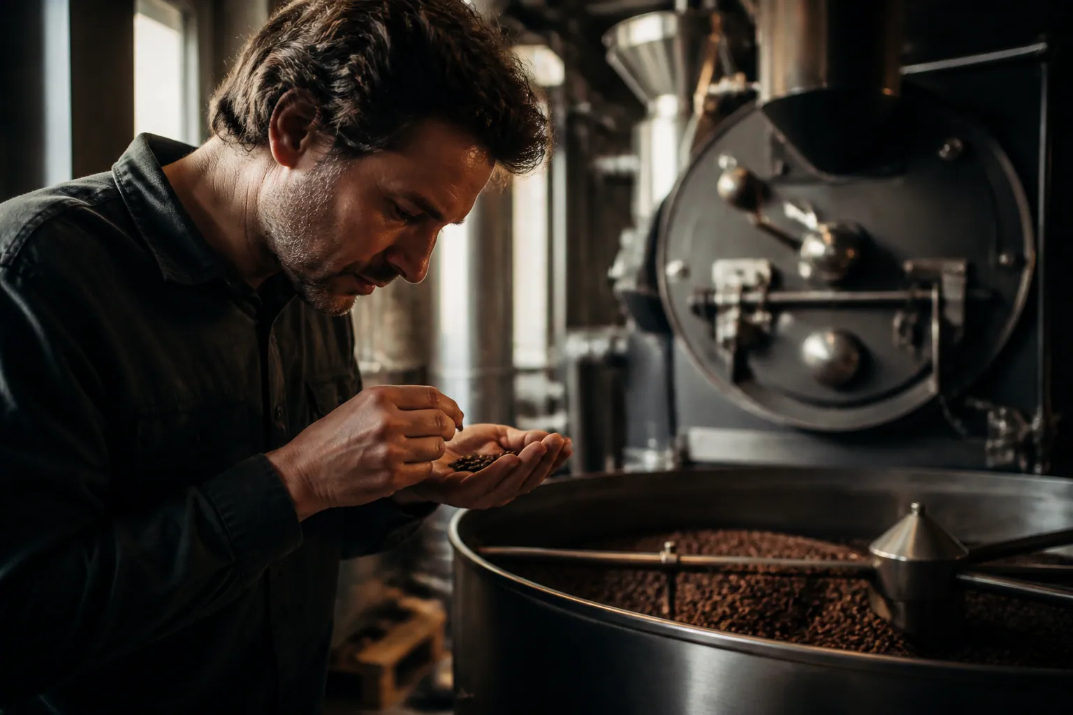 Personne observant des grains de café dans un atelier lumineux