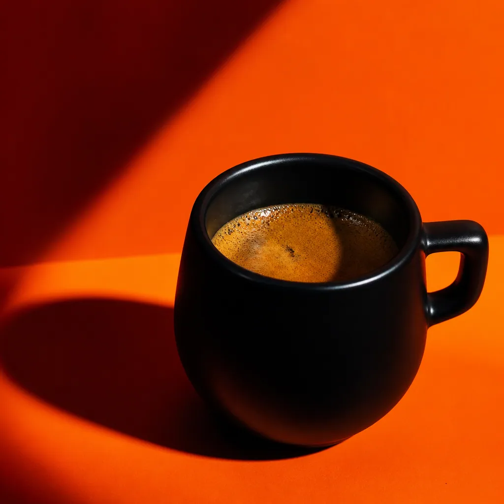 Espresso sombre dans une tasse noire sur fond orange