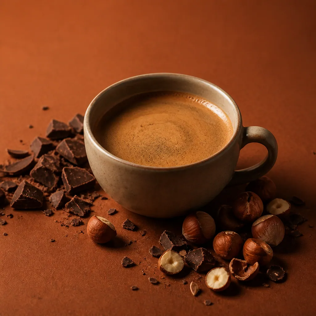 Café doux entouré de noisettes et de morceaux de cacao