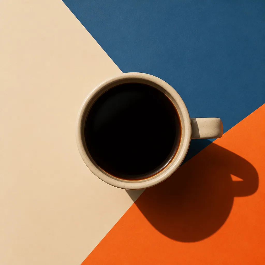 Tasse de café noir vue du dessus avec une ombre géométrique
