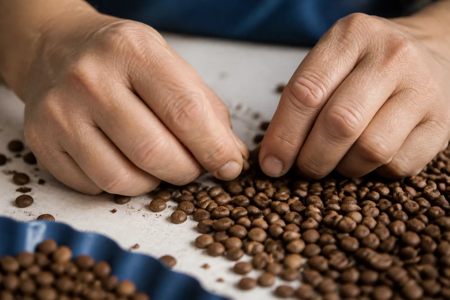Grains de café triés à la main sur une surface claire